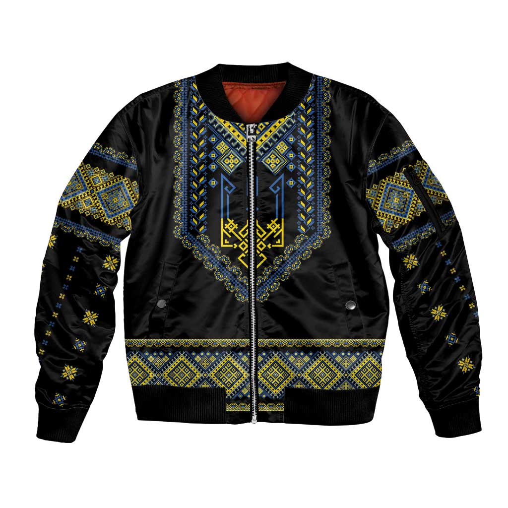 Ukraine Vyshyvanka Inspired Patterns Sleeve Zip Bomber Jacket Ukraini Colors