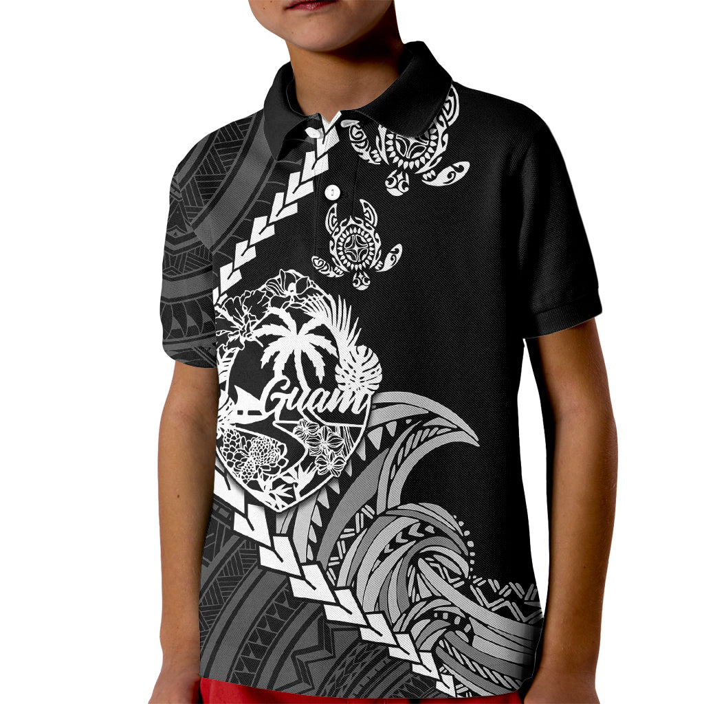 Custom Guam Polo Shirt for Kid Tribal Turtles Curves Style Black - Wonder Print Shop