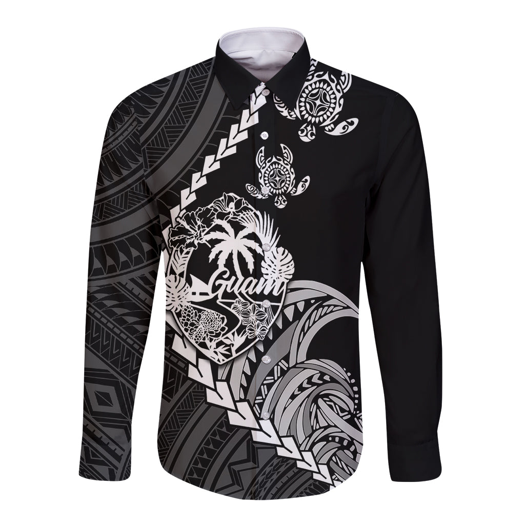 Personalised Guam Long Sleeve Button Shirt Tribal Turtles Curves Style - Black - Wonder Print Shop