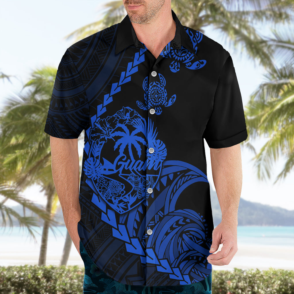 Personalised Guam Hawaiian Shirt Tribal Turtles Curves Style - Blue - Wonder Print Shop