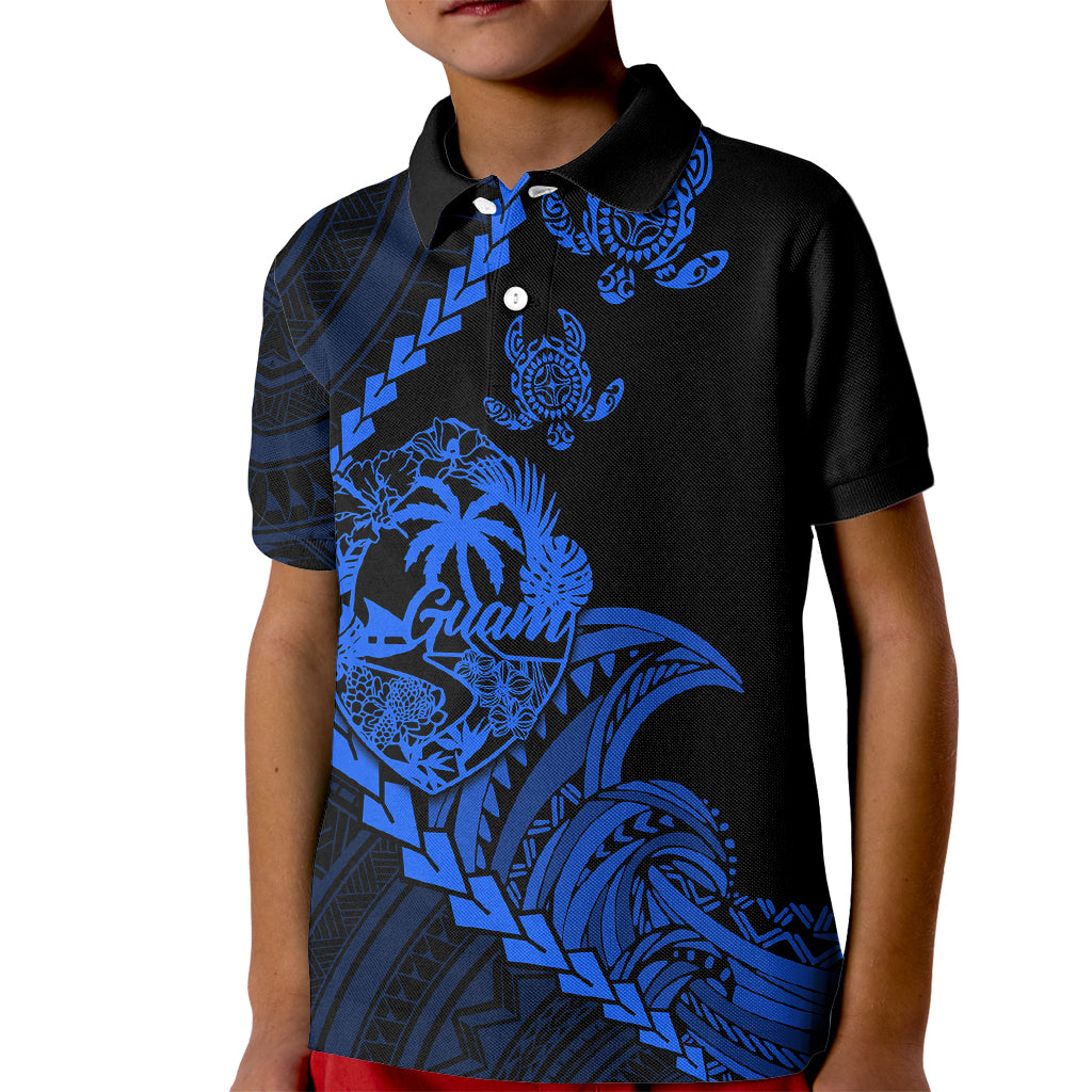 Custom Guam Polo Shirt for Kid Tribal Turtles Curves Style Blue - Wonder Print Shop