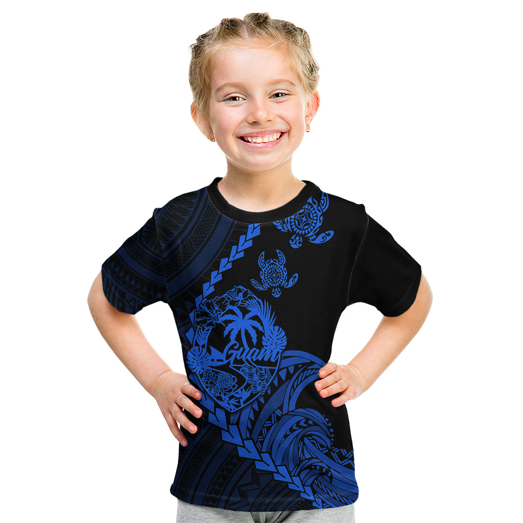 Personalised Guam Kid T Shirt Tribal Turtles Curves Style - Blue - Wonder Print Shop