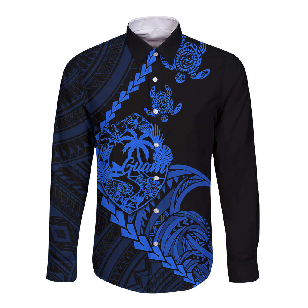 Personalised Guam Long Sleeve Button Shirt Tribal Turtles Curves Style - Blue - Wonder Print Shop
