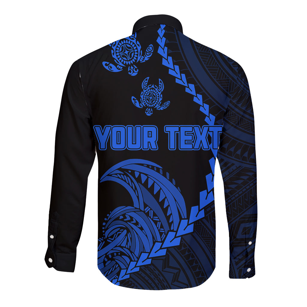 Personalised Guam Long Sleeve Button Shirt Tribal Turtles Curves Style - Blue - Wonder Print Shop