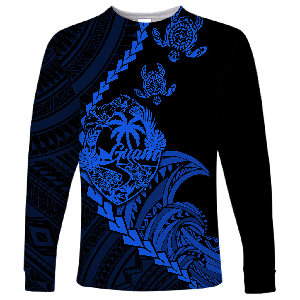 Personalised Guam Long Sleeve Shirt Tribal Turtles Curves Style - Blue - Wonder Print Shop