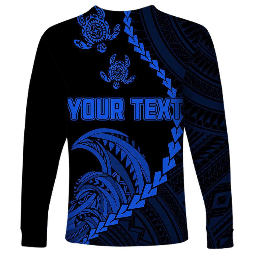 Personalised Guam Long Sleeve Shirt Tribal Turtles Curves Style - Blue - Wonder Print Shop