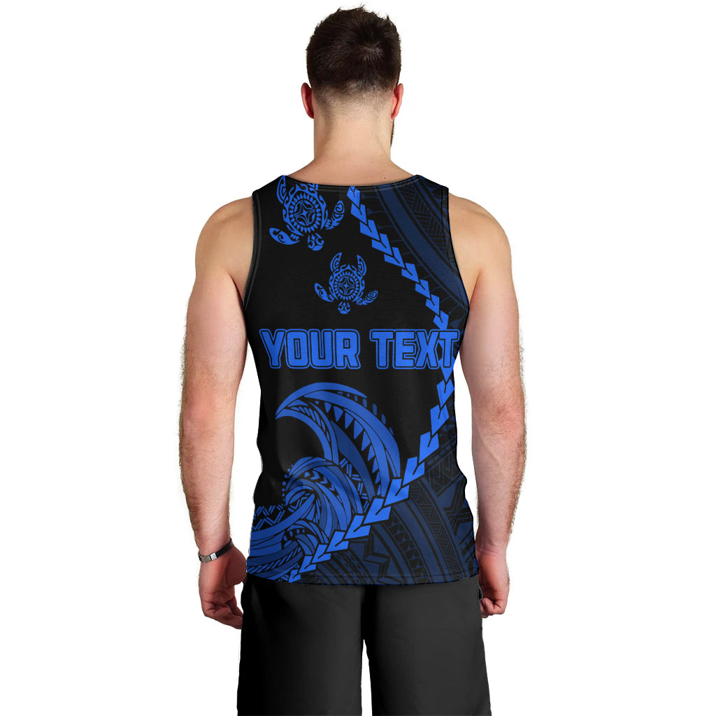 Men's black tank top with blue tribal print and 'YOUR TEXT' on back view