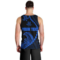 Men's black tank top with blue tribal print and 'YOUR TEXT' on back view
