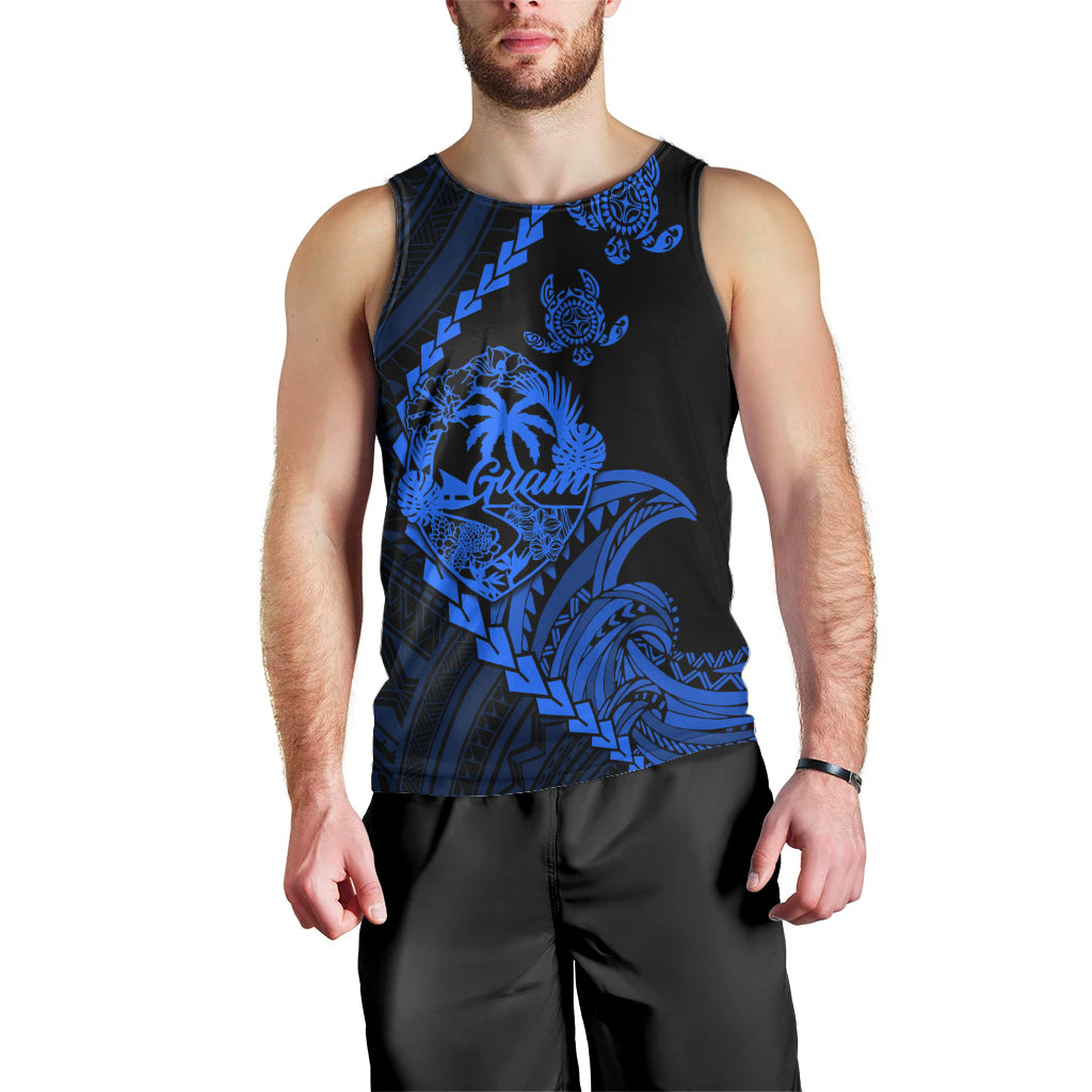 Men's sleeveless tank top with blue tribal turtle graphic on black front