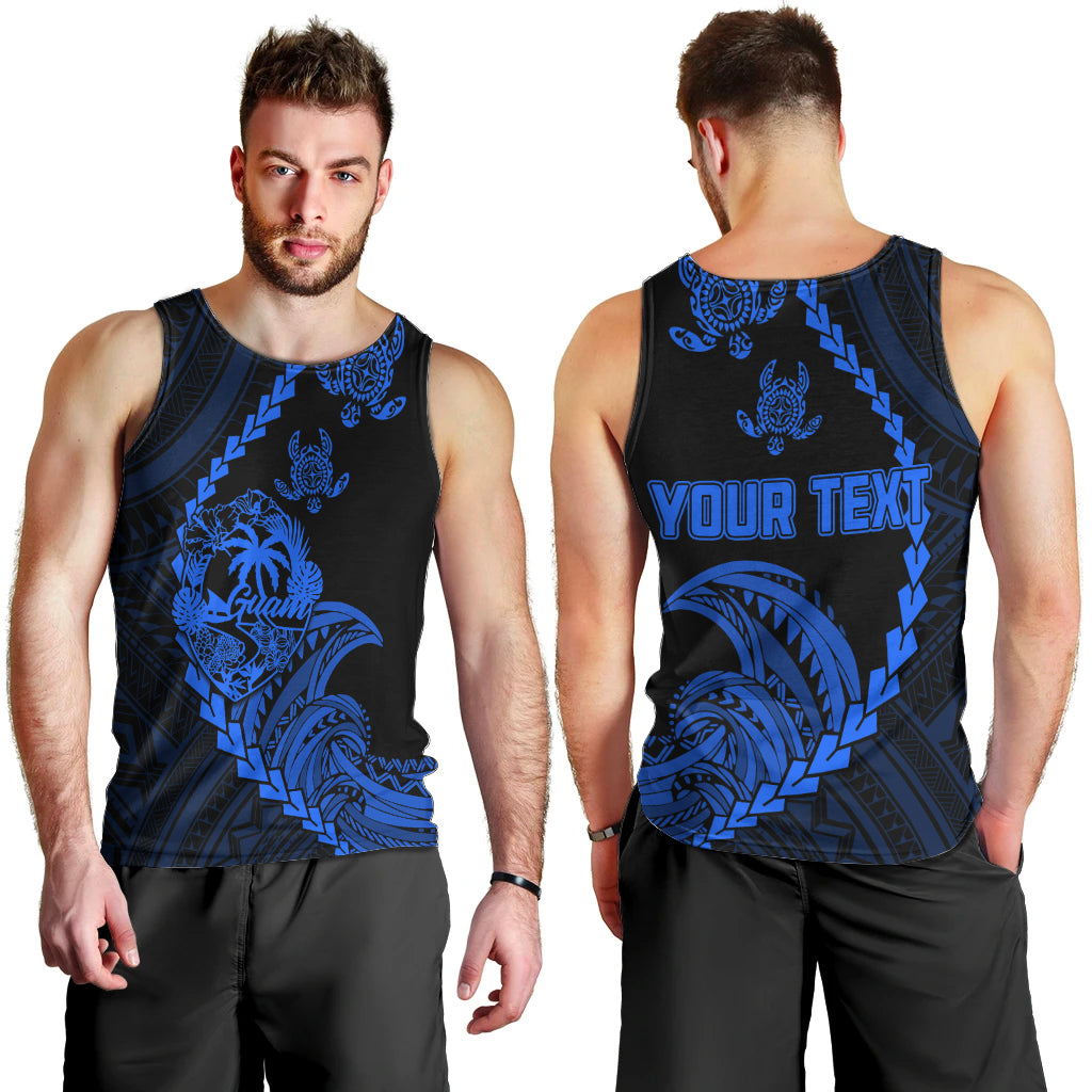 Men's tank top front graphic and blue 'YOUR TEXT' back print