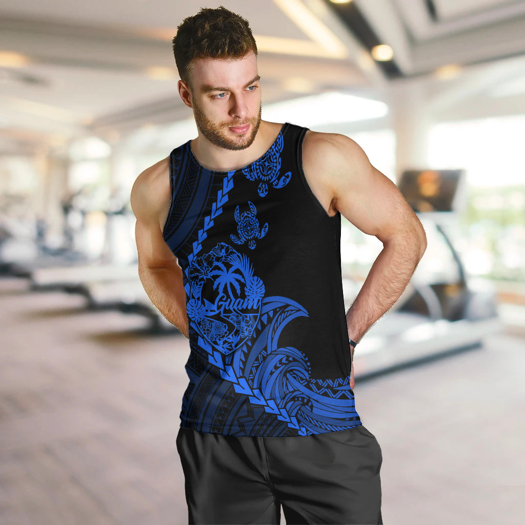 Men's black tank top with blue tribal turtle and palm graphic, sleeveless