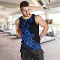 Men's black tank top with blue tribal turtle and palm graphic, sleeveless