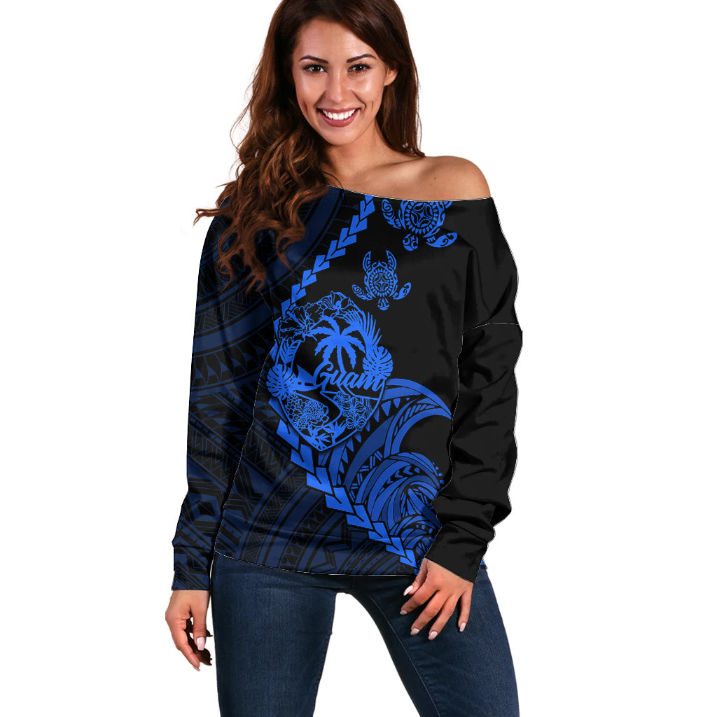 Personalised Guam Off Shoulder Sweater Tribal Turtles Curves Style - Blue - Wonder Print Shop