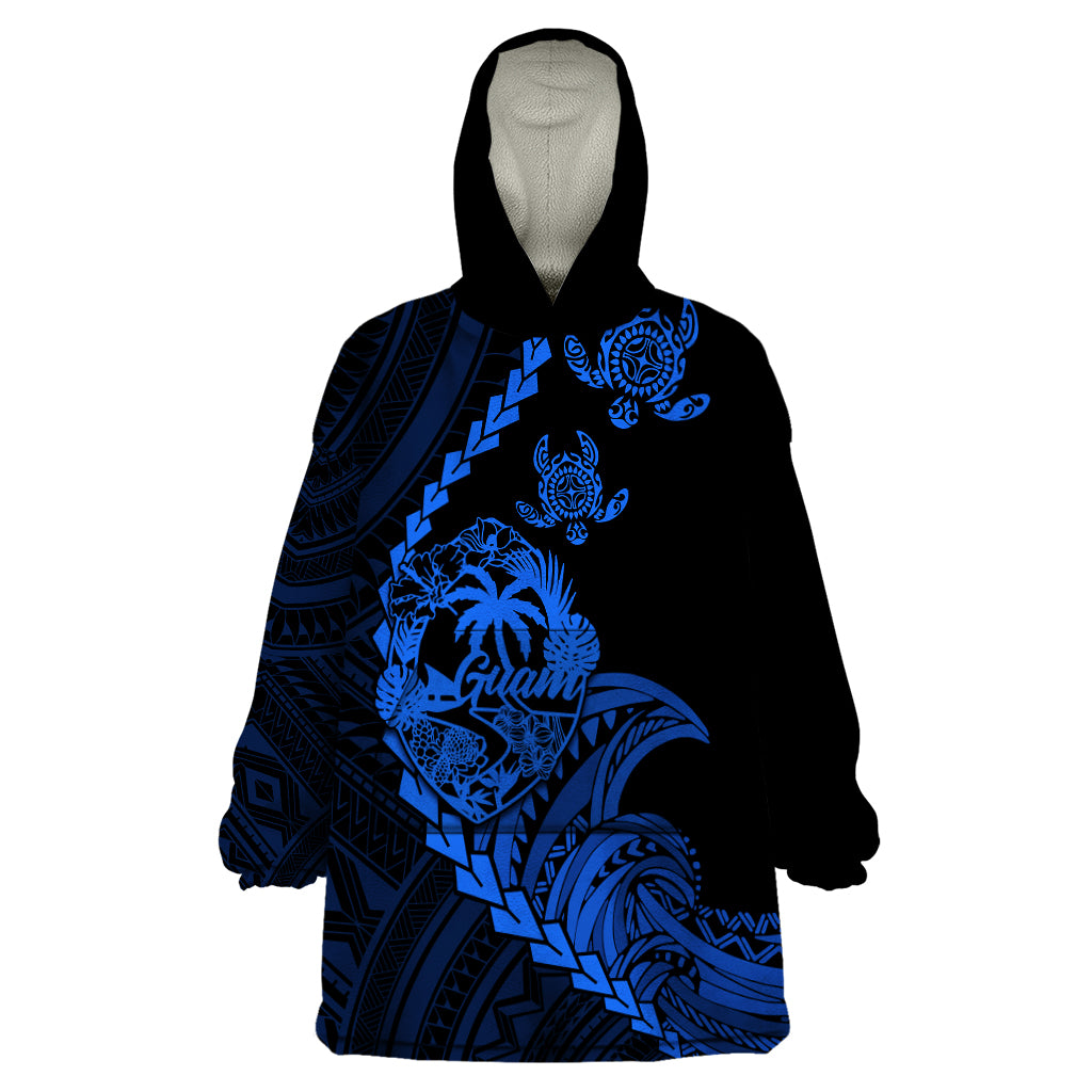 Personalised Guam Wearable Blanket Hoodie Tribal Turtles Curves Style - Blue - Wonder Print Shop