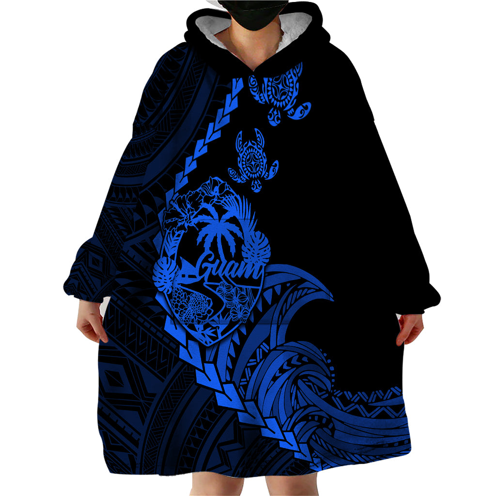 Personalised Guam Wearable Blanket Hoodie Tribal Turtles Curves Style - Blue - Wonder Print Shop
