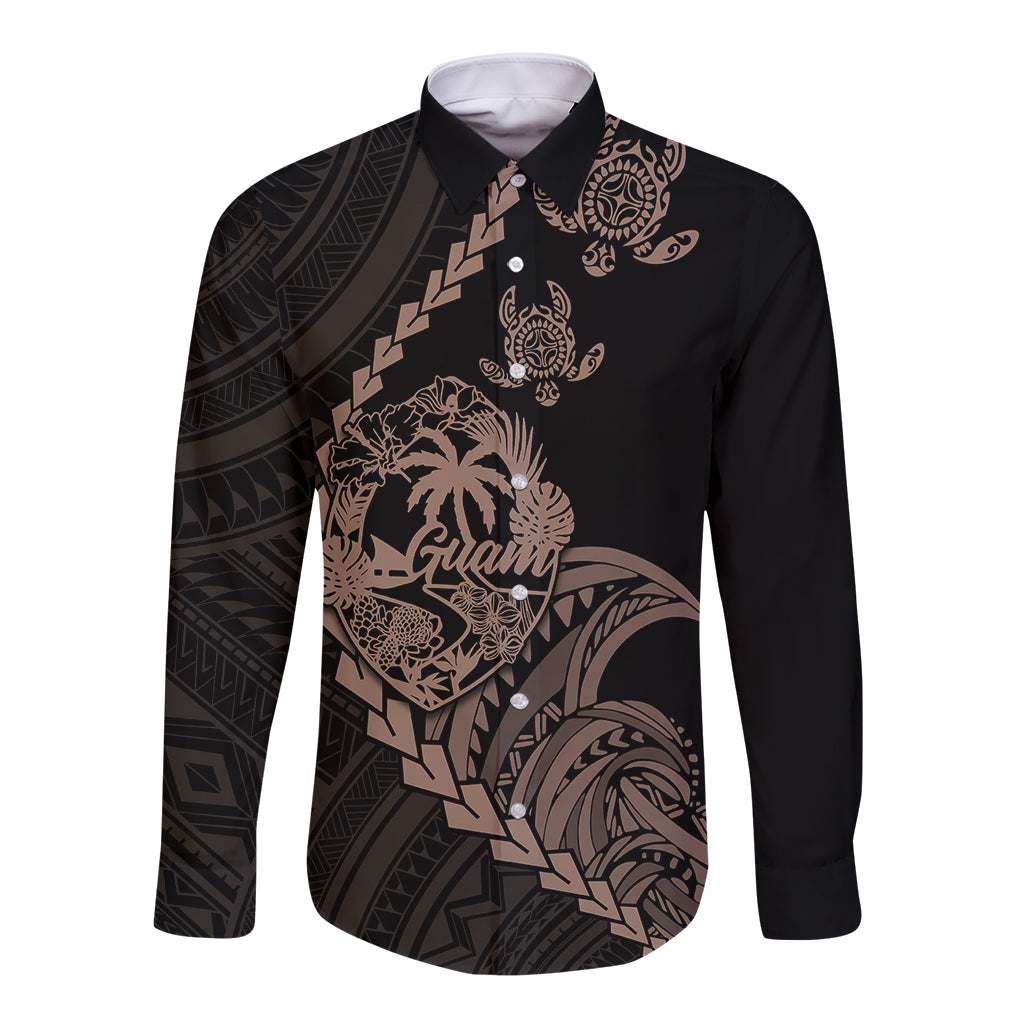 Personalised Guam Long Sleeve Button Shirt Tribal Turtles Curves Style - Brown - Wonder Print Shop