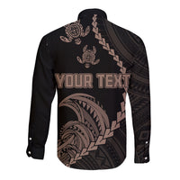 Personalised Guam Long Sleeve Button Shirt Tribal Turtles Curves Style - Brown - Wonder Print Shop