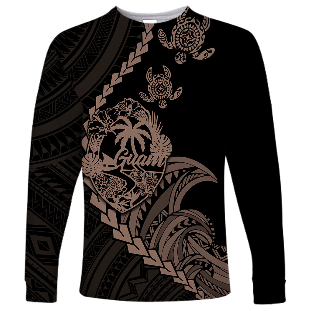 Personalised Guam Long Sleeve Shirt Tribal Turtles Curves Style - Brown - Wonder Print Shop