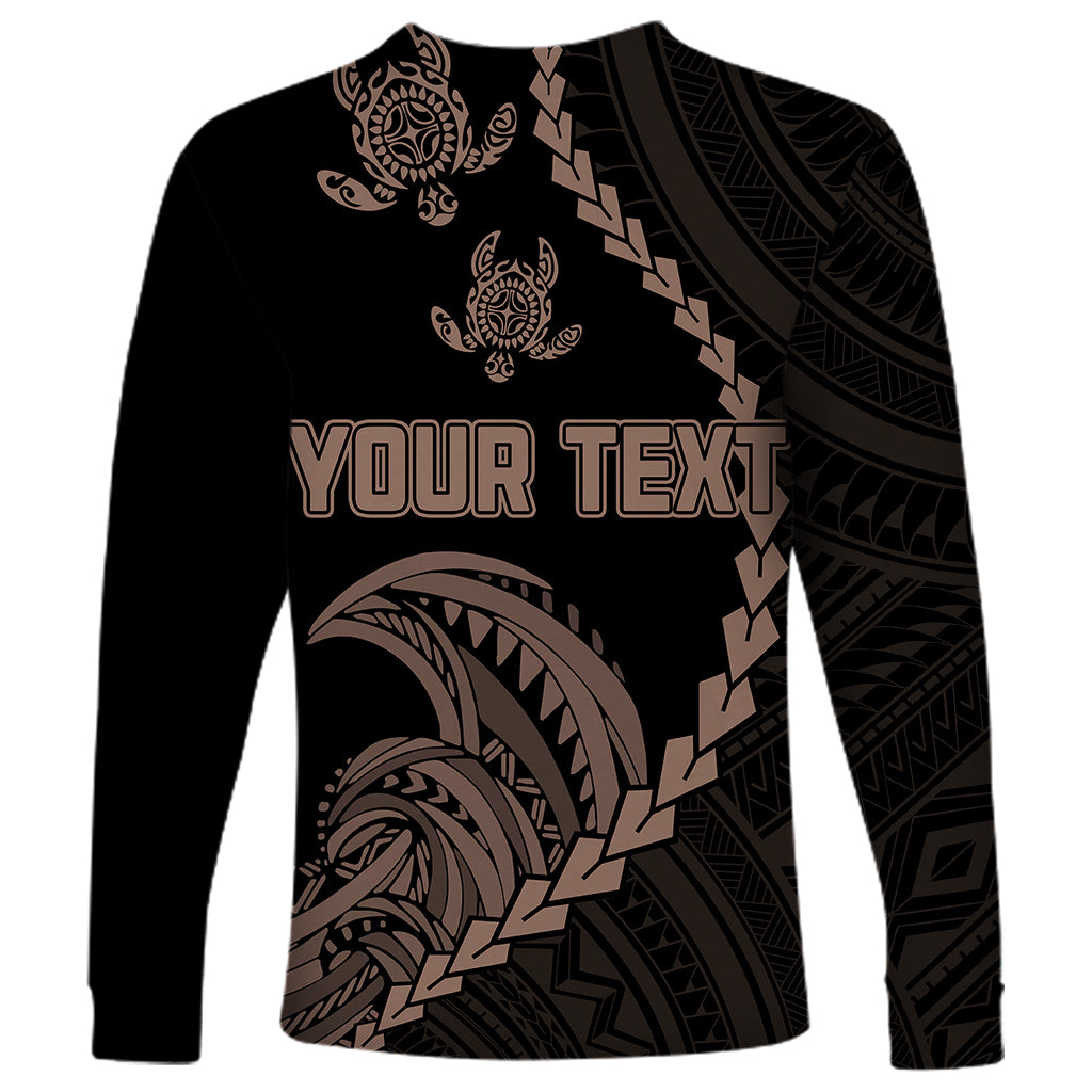 Personalised Guam Long Sleeve Shirt Tribal Turtles Curves Style - Brown - Wonder Print Shop