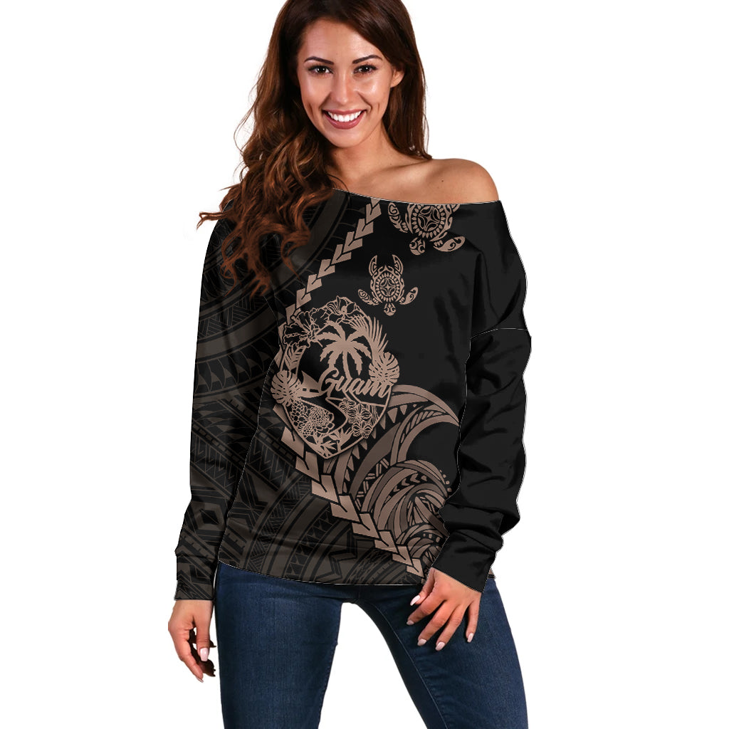 Personalised Guam Off Shoulder Sweater Tribal Turtles Curves Style - Brown - Wonder Print Shop