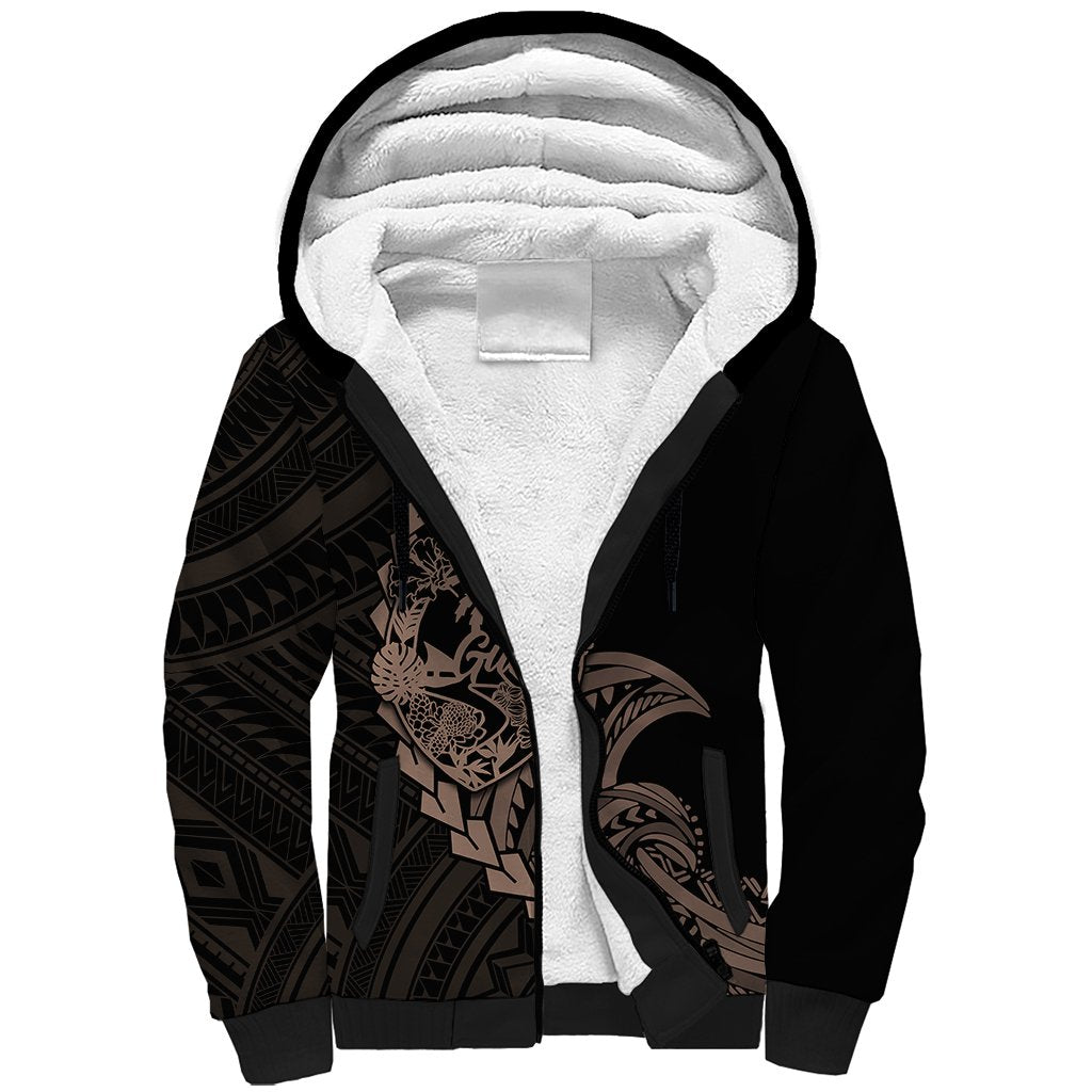 Personalised Guam Sherpa Hoodie Tribal Turtles Curves Style - Brown - Wonder Print Shop