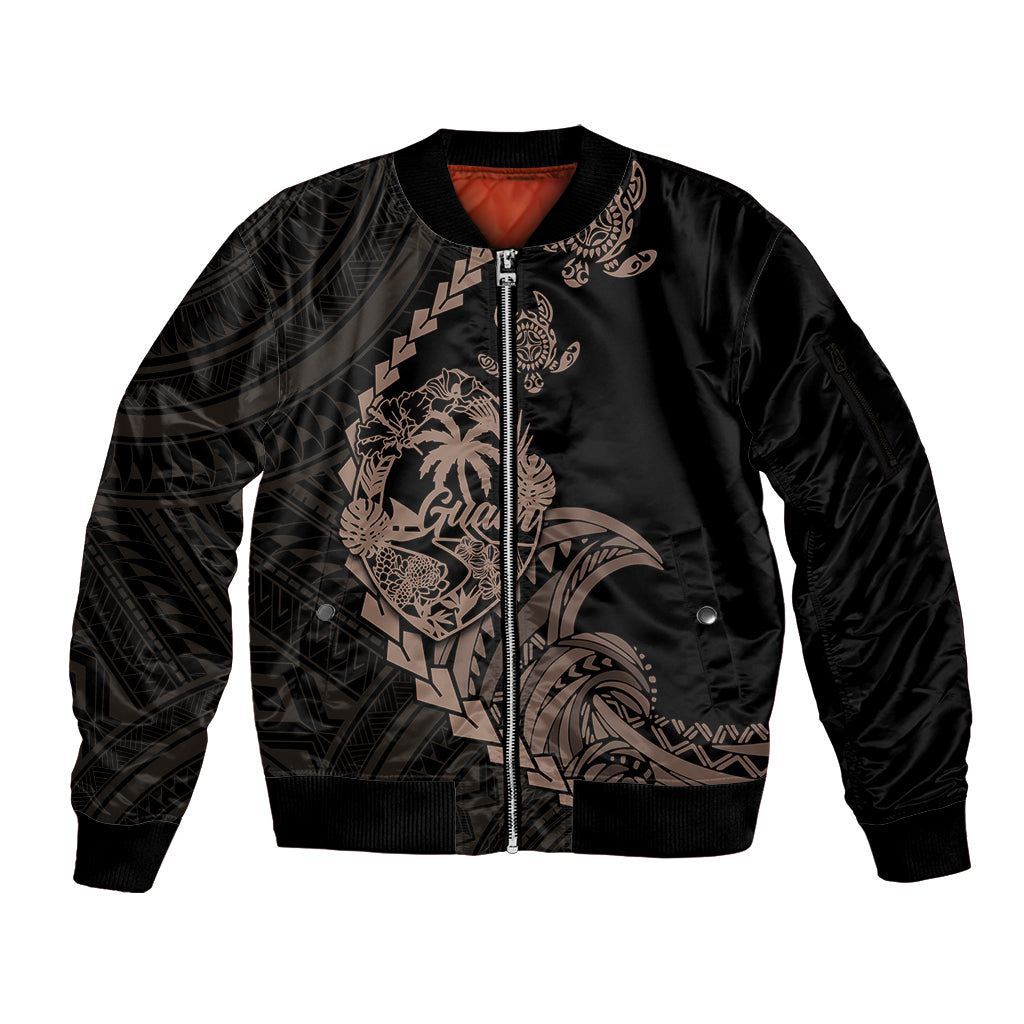Personalised Guam Sleeve Zip Bomber Jacket Tribal Turtles Curves Style - Brown - Wonder Print Shop