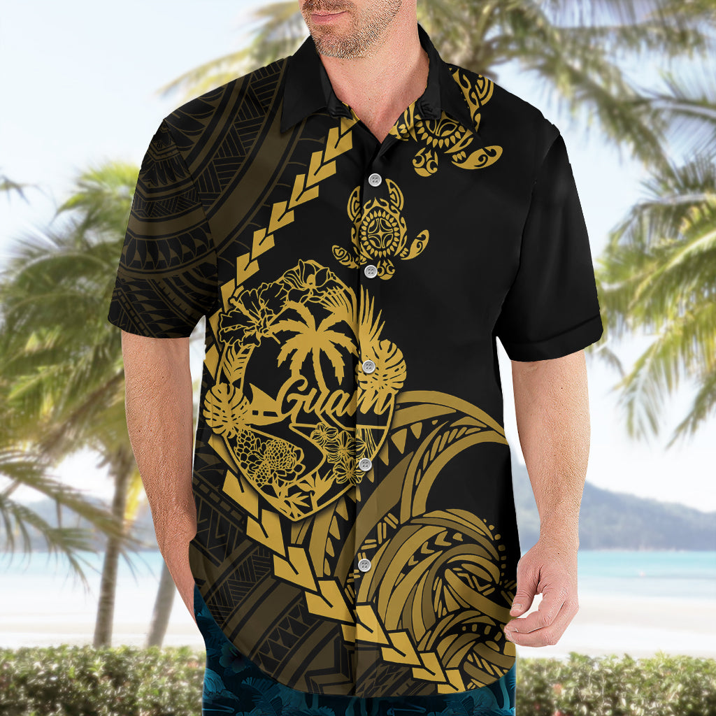 Personalised Guam Hawaiian Shirt Tribal Turtles Curves Style - Gold - Wonder Print Shop