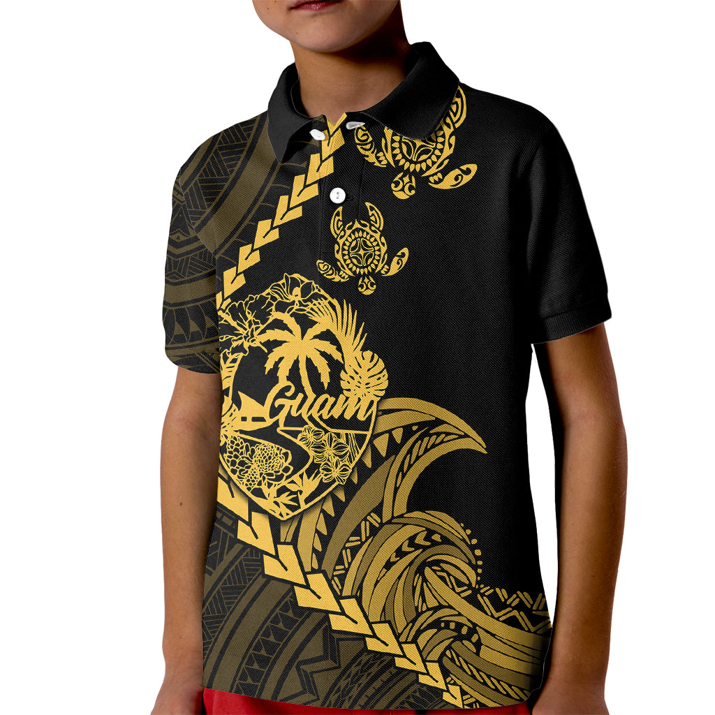 Custom Guam Polo Shirt for Kid Tribal Turtles Curves Style Gold - Wonder Print Shop