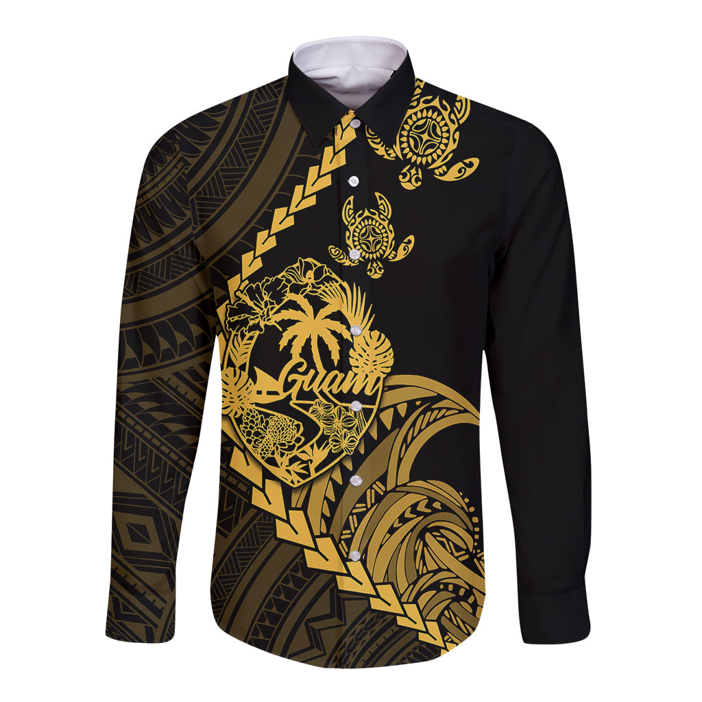 Personalised Guam Long Sleeve Button Shirt Tribal Turtles Curves Style - Gold - Wonder Print Shop