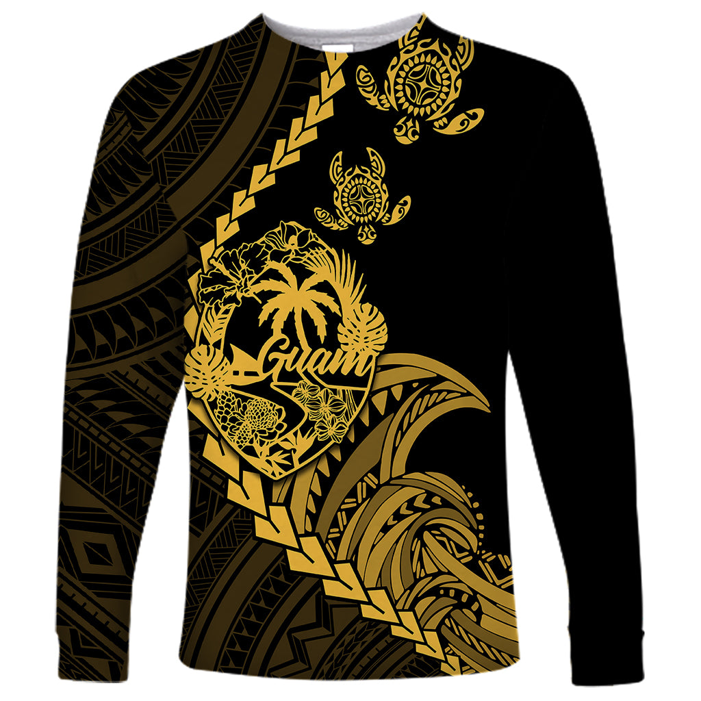 Personalised Guam Long Sleeve Shirt Tribal Turtles Curves Style - Gold - Wonder Print Shop