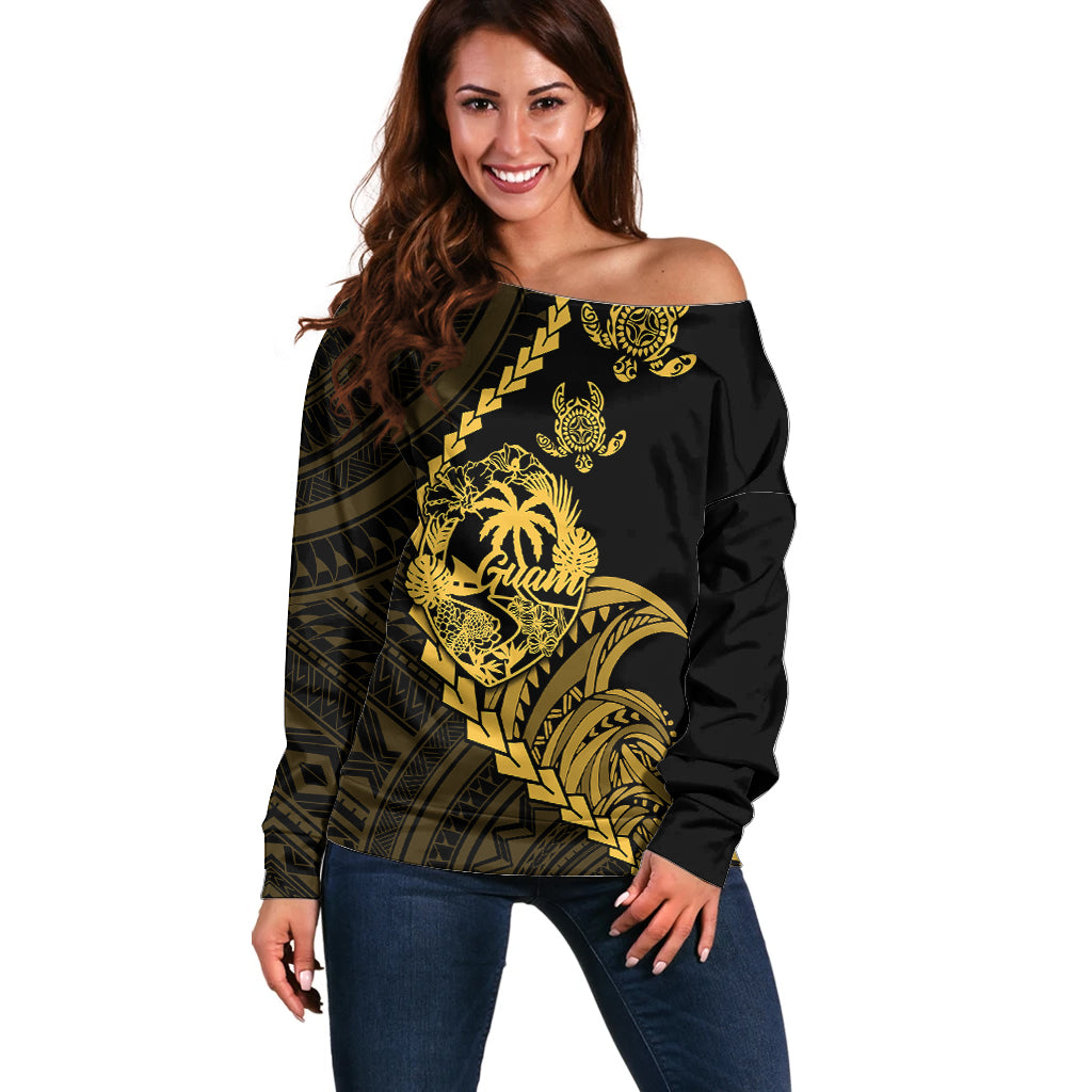 Personalised Guam Off Shoulder Sweater Tribal Turtles Curves Style - Gold - Wonder Print Shop