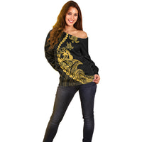 Personalised Guam Off Shoulder Sweater Tribal Turtles Curves Style - Gold - Wonder Print Shop