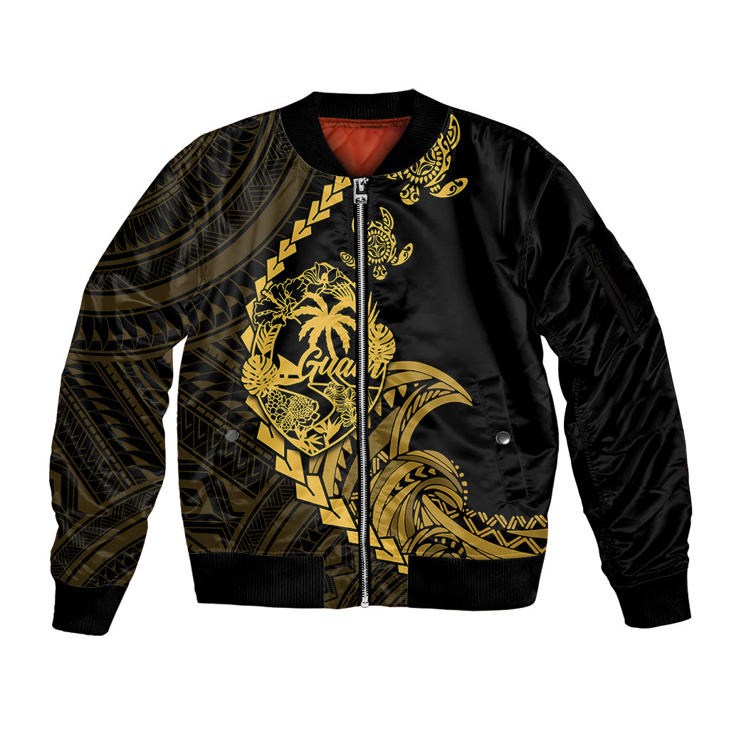 Personalised Guam Sleeve Zip Bomber Jacket Tribal Turtles Curves Style - Gold - Wonder Print Shop