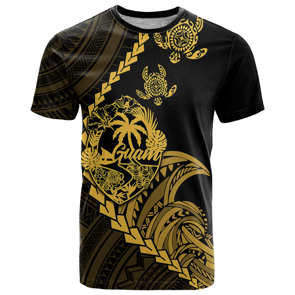 Personalised Guam T Shirt Tribal Turtles Curves Style - Gold - Wonder Print Shop
