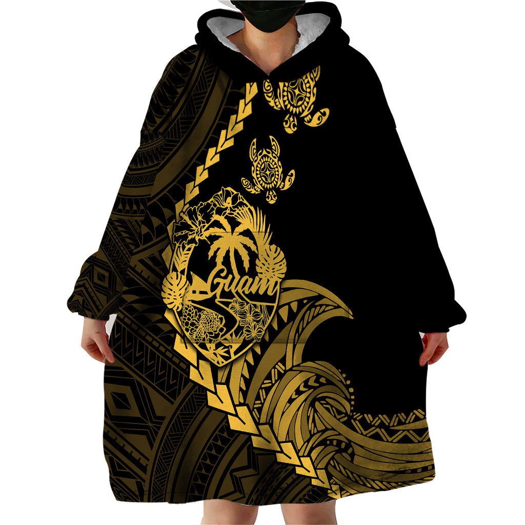 Personalised Guam Wearable Blanket Hoodie Tribal Turtles Curves Style - Gold - Wonder Print Shop