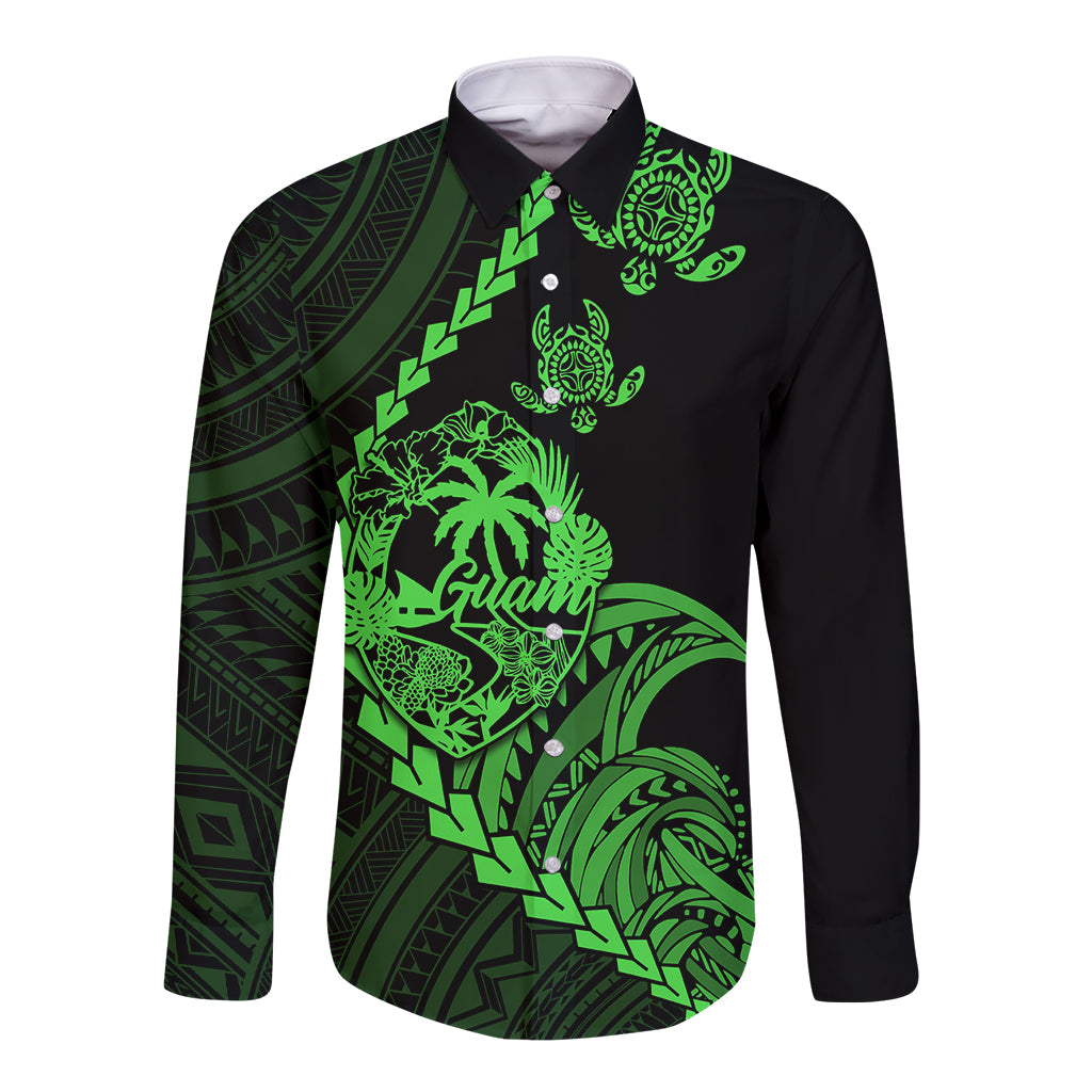 Personalised Guam Long Sleeve Button Shirt Tribal Turtles Curves Style - Green - Wonder Print Shop