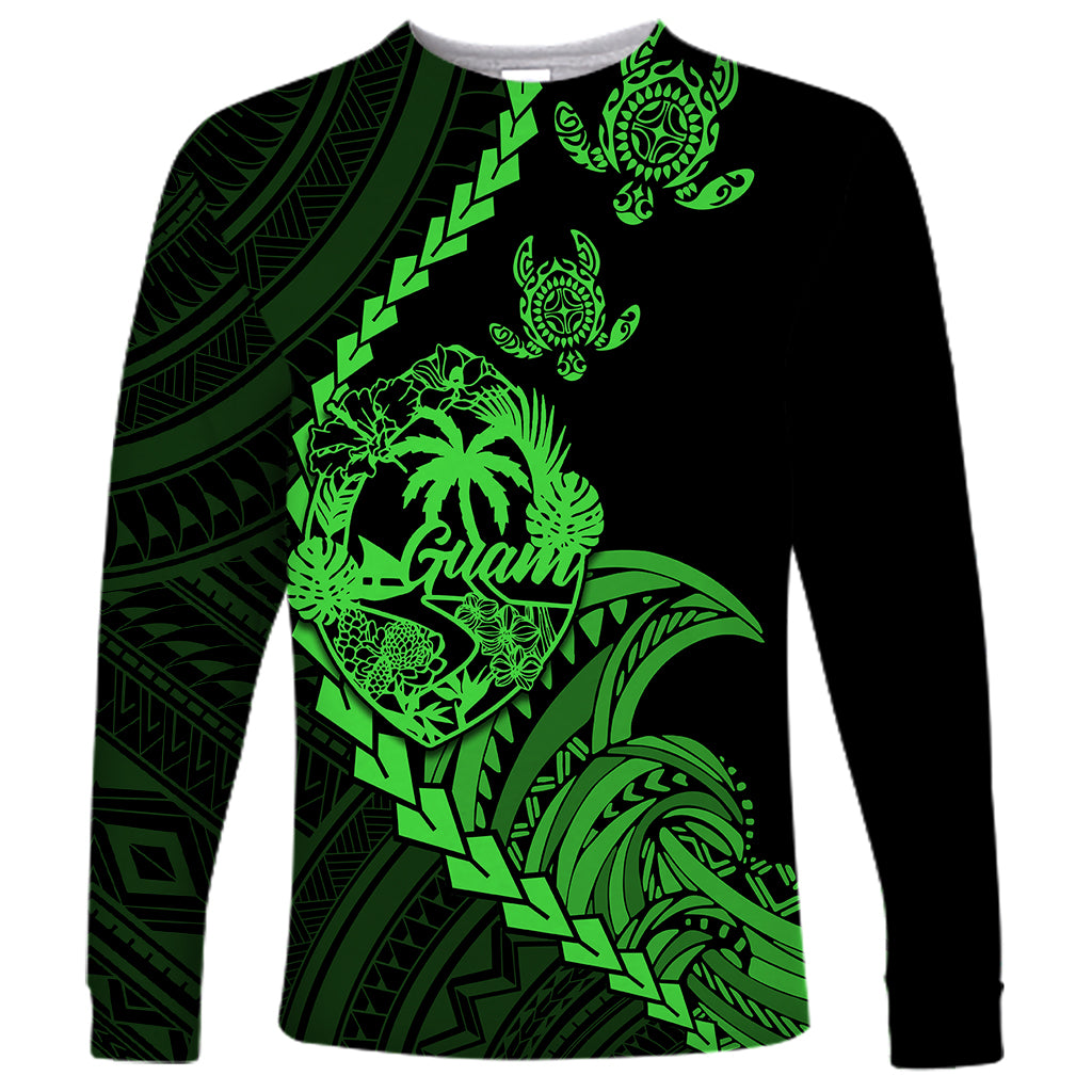 Personalised Guam Long Sleeve Shirt Tribal Turtles Curves Style - Green - Wonder Print Shop