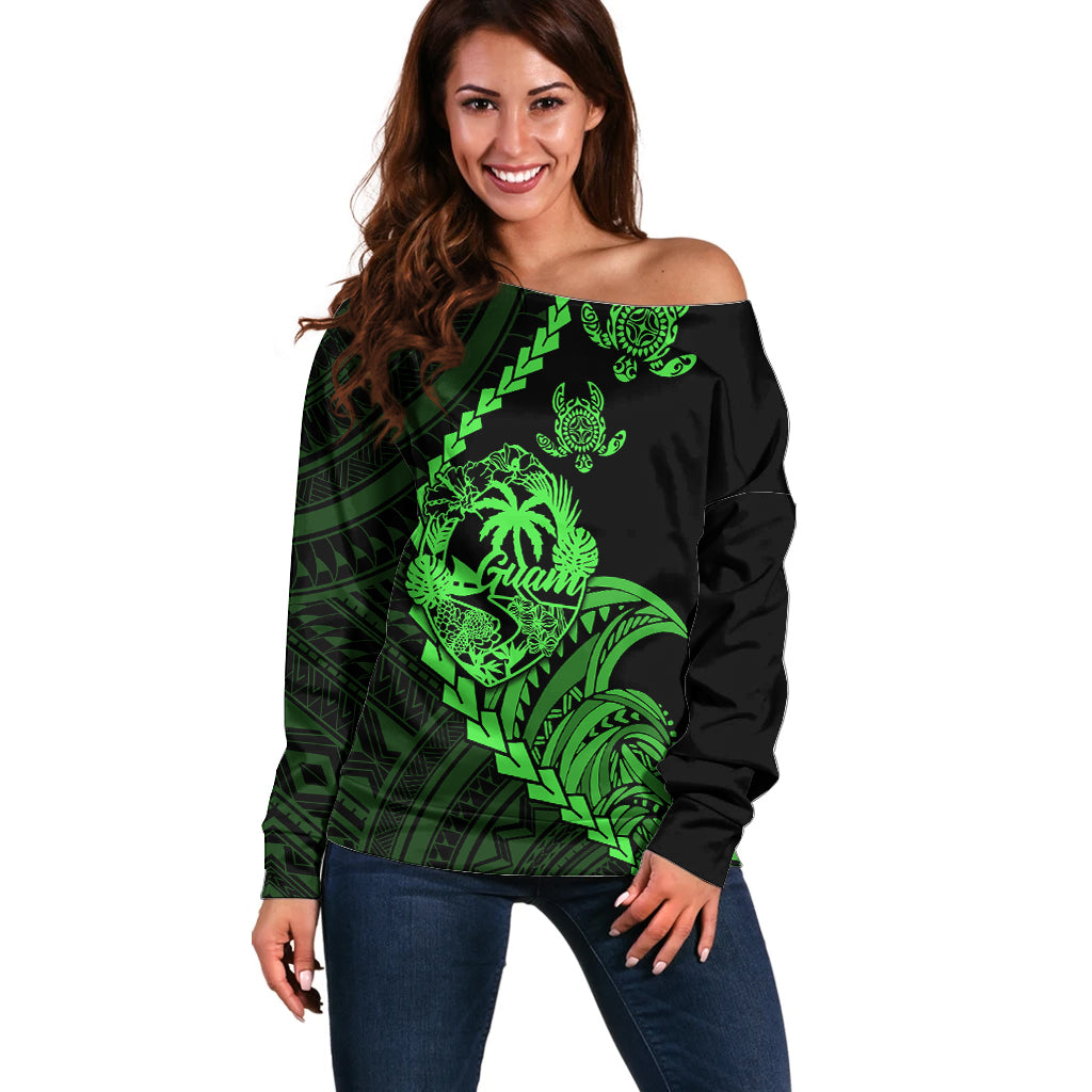 Personalised Guam Off Shoulder Sweater Tribal Turtles Curves Style - Green - Wonder Print Shop