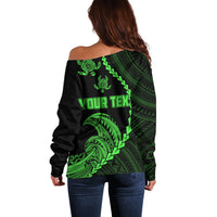 Personalised Guam Off Shoulder Sweater Tribal Turtles Curves Style - Green - Wonder Print Shop