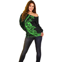 Personalised Guam Off Shoulder Sweater Tribal Turtles Curves Style - Green - Wonder Print Shop