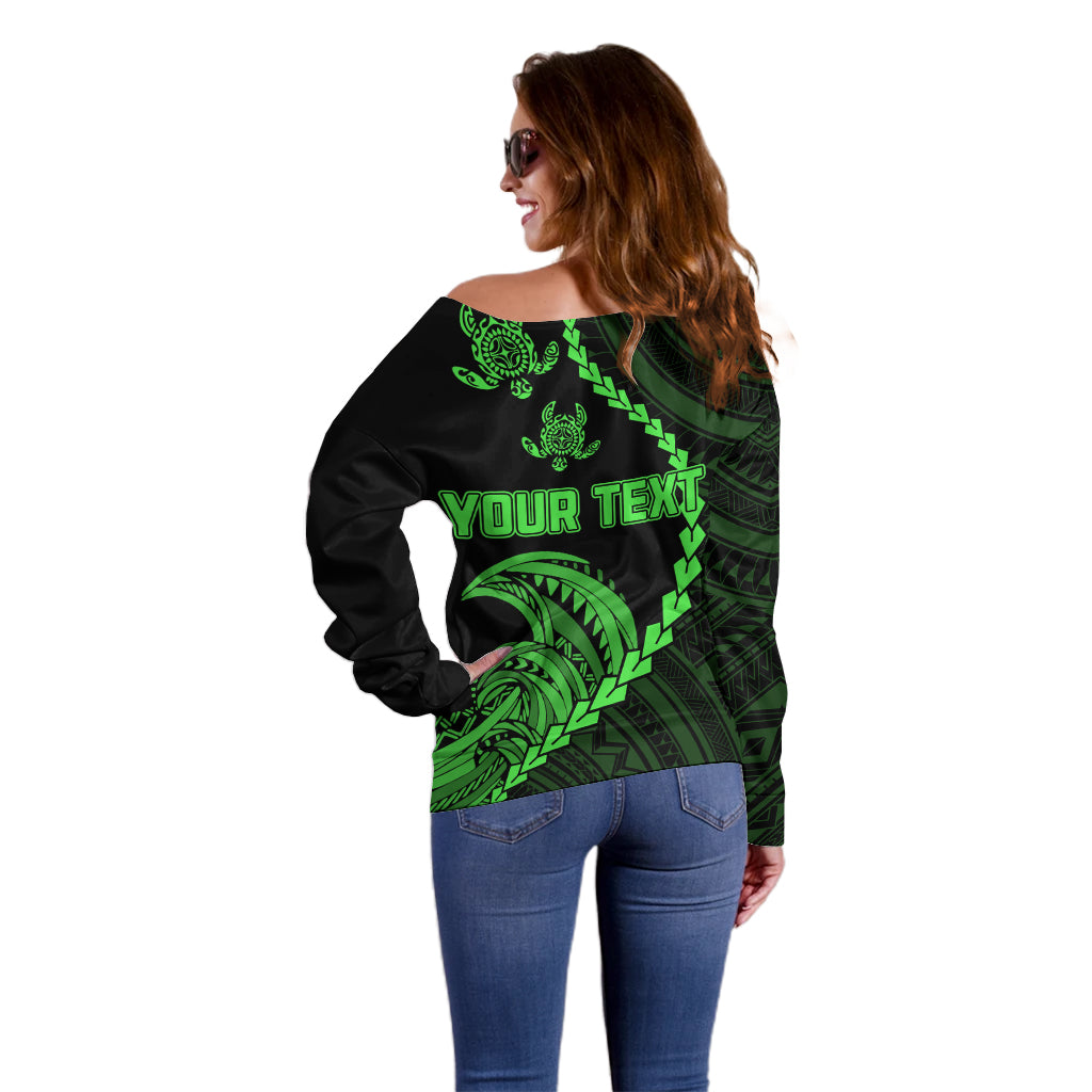 Personalised Guam Off Shoulder Sweater Tribal Turtles Curves Style - Green - Wonder Print Shop