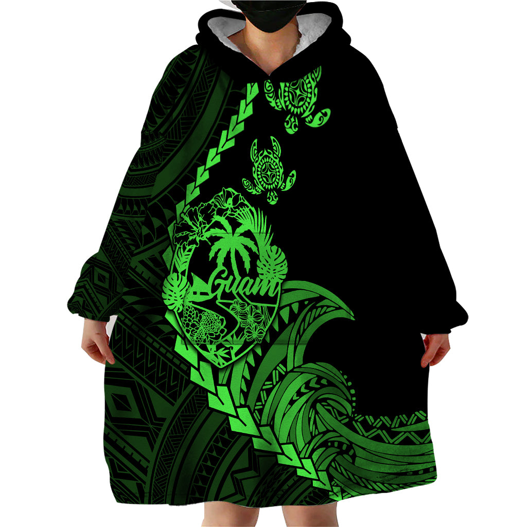 Personalised Guam Wearable Blanket Hoodie Tribal Turtles Curves Style - Green - Wonder Print Shop