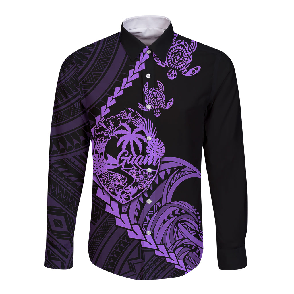 Personalised Guam Long Sleeve Button Shirt Tribal Turtles Curves Style - Purple - Wonder Print Shop