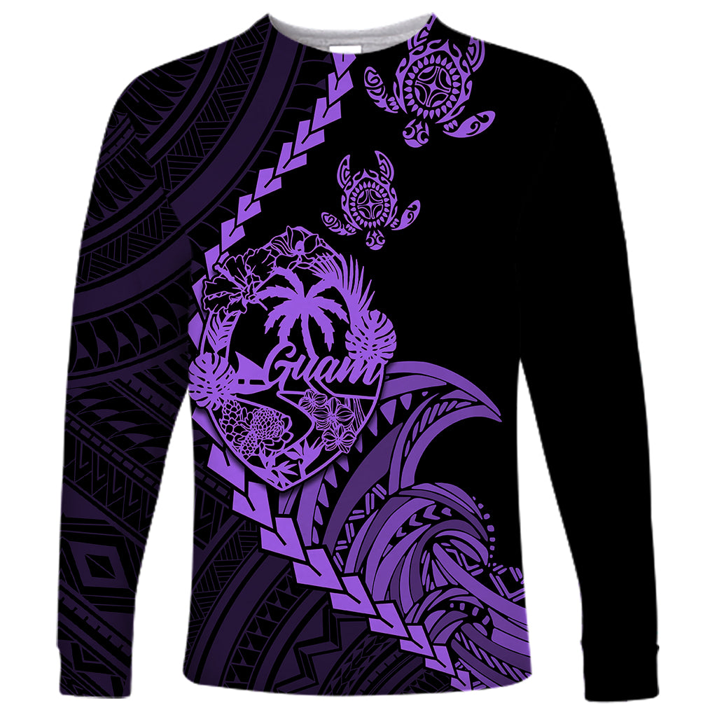 Personalised Guam Long Sleeve Shirt Tribal Turtles Curves Style - Purple - Wonder Print Shop