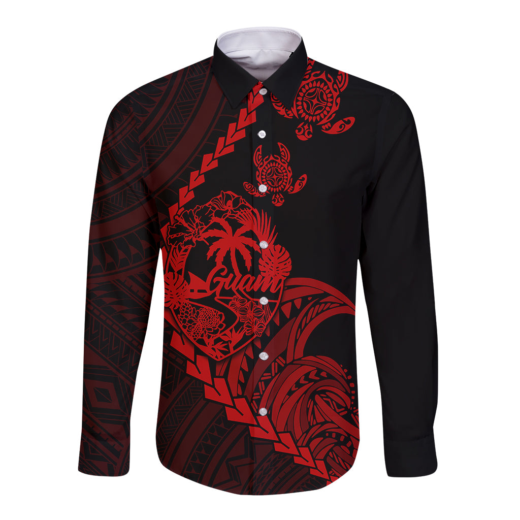 Personalised Guam Long Sleeve Button Shirt Tribal Turtles Curves Style - Red - Wonder Print Shop