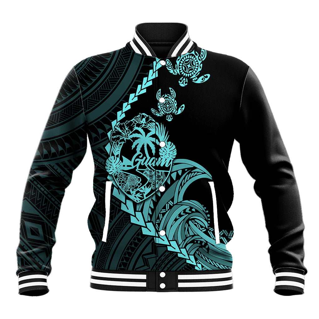 Personalised Guam Baseball Jacket Tribal Turtles Curves Style - Turquoise LT7 - Wonder Print Shop