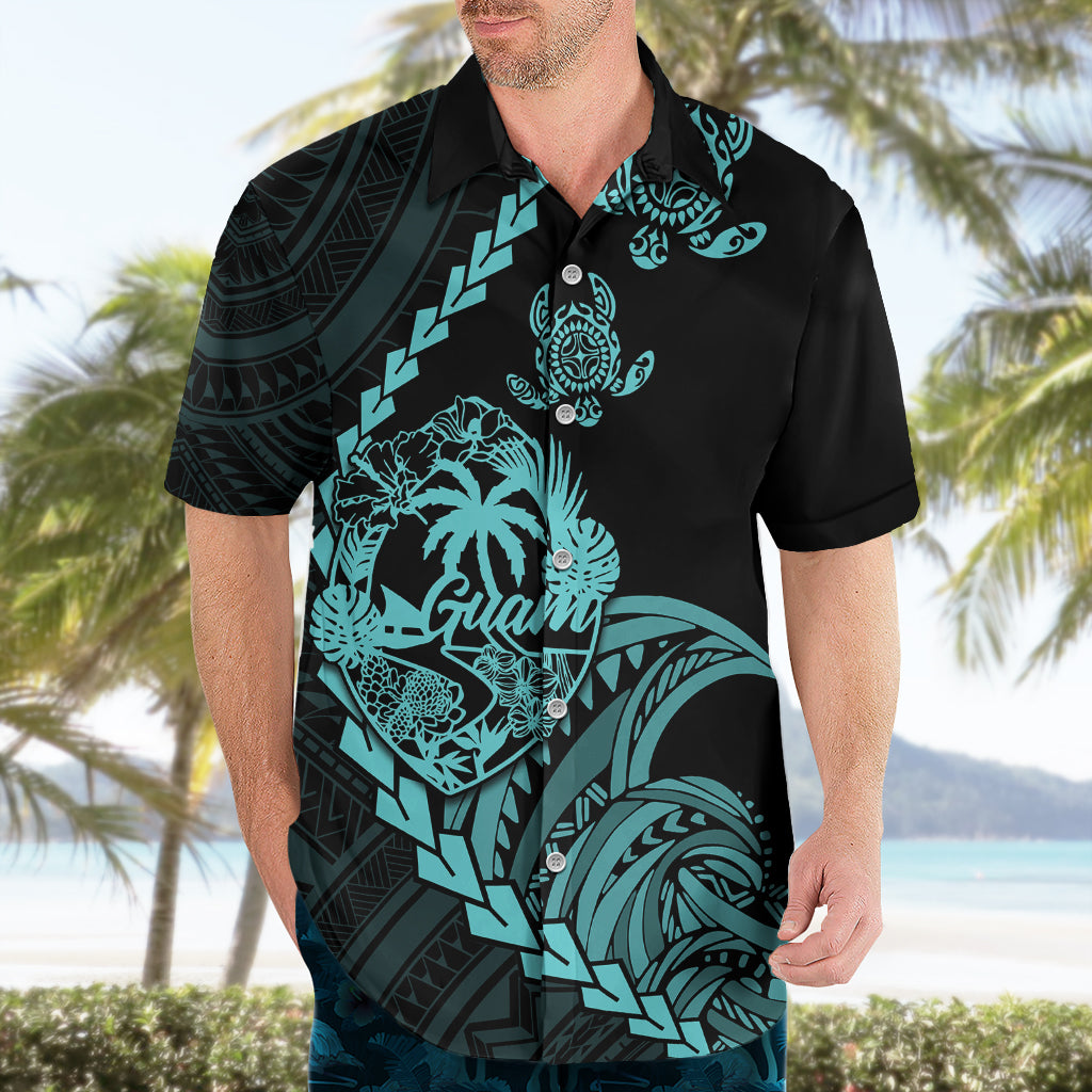 Personalised Guam Hawaiian Shirt Tribal Turtles Curves Style - Turquoise - Wonder Print Shop