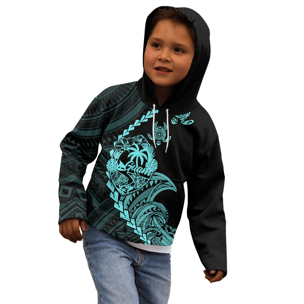 Personalised Guam Kid Hoodie Tribal Turtles Curves Style - Turquoise - Wonder Print Shop