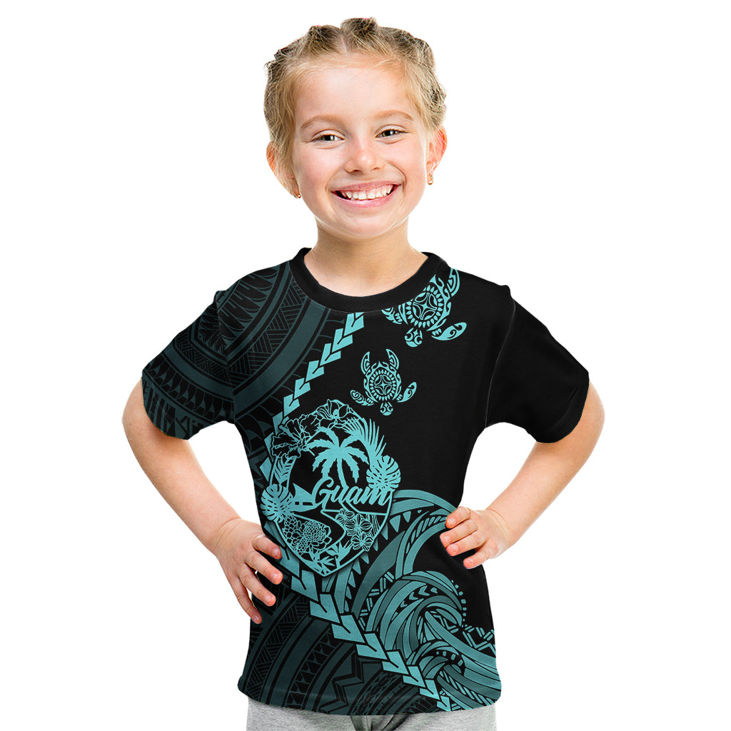 Personalised Guam Kid T Shirt Tribal Turtles Curves Style - Turquoise - Wonder Print Shop