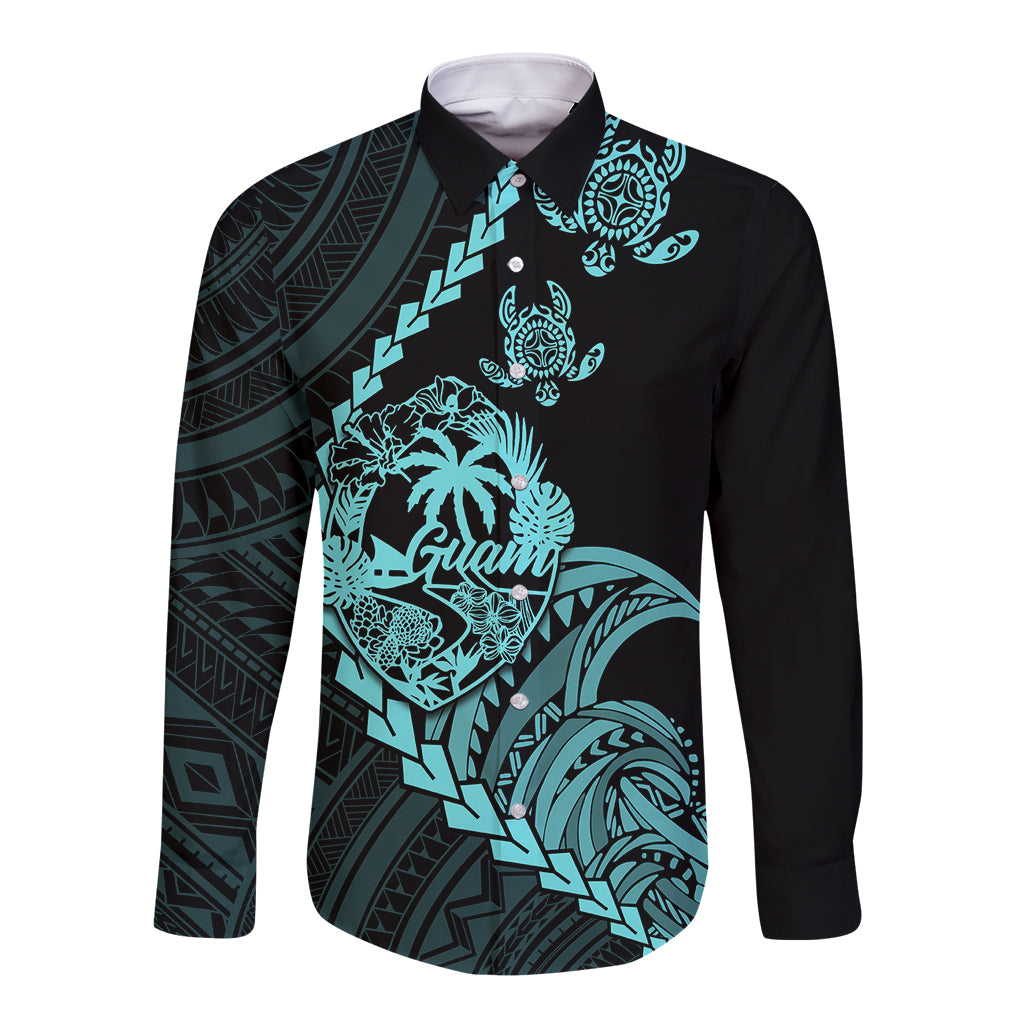 Personalised Guam Long Sleeve Button Shirt Tribal Turtles Curves Style - Turquoise - Wonder Print Shop